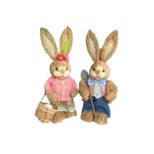 2 Pcs 35cm Handmade Straw Rabbit Straw Bunny for Easter Day Artificial Animal Home Furnishing Shop Decoration, Combo 1