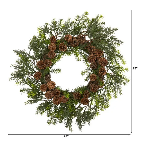 22" Cedar, Grass and Pine Cone Artificial Wreath UV Resistant