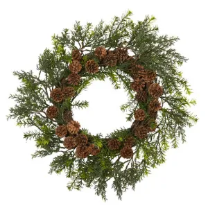 22" Cedar, Grass and Pine Cone Artificial Wreath UV Resistant