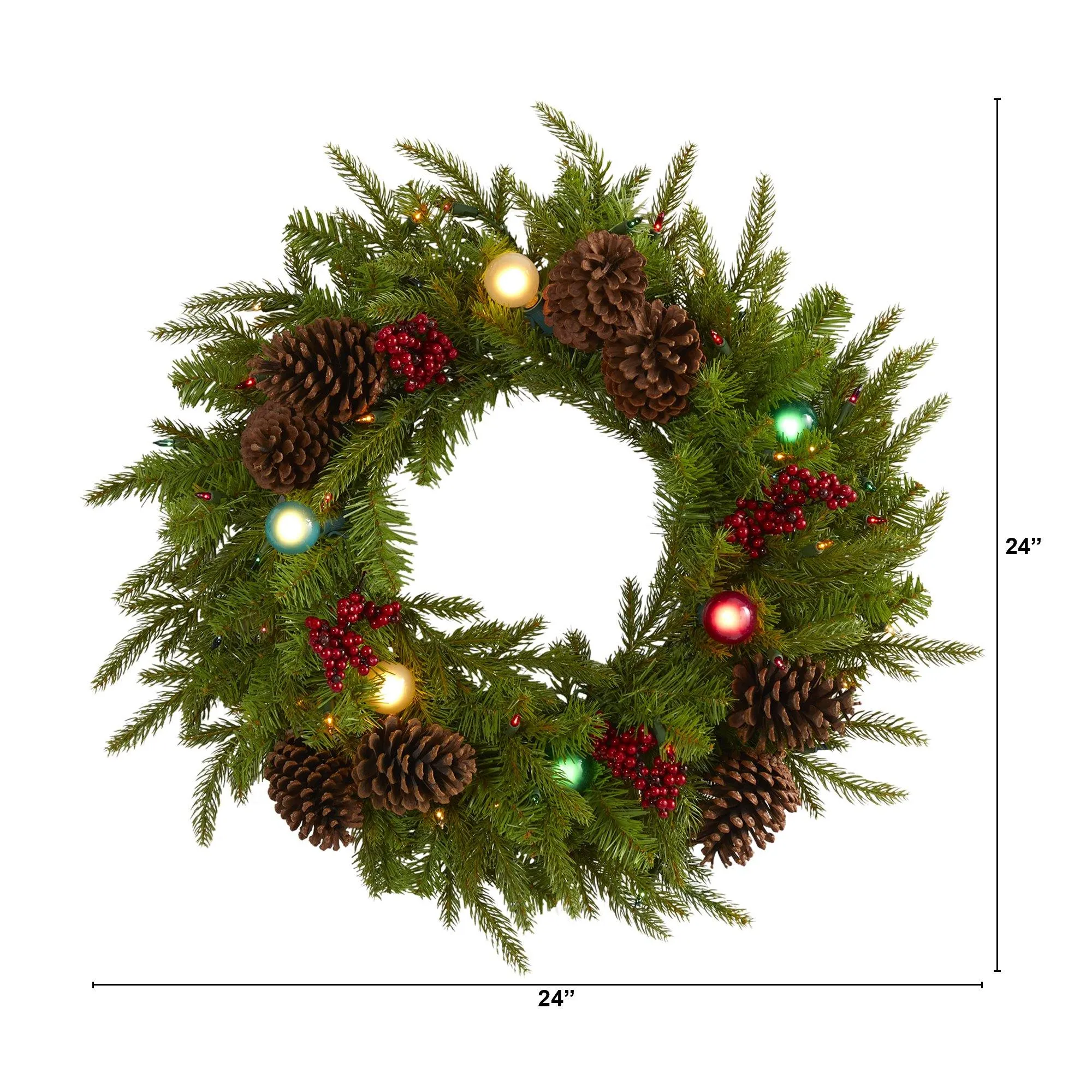 24” Christmas Artificial Wreath with 50 Multicolored Lights, 7 Multicolored Globe Bulbs, Berries and Pine Cones