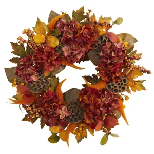 24” Fall Hydrangea, Lotus and Berries Artificial Wreath