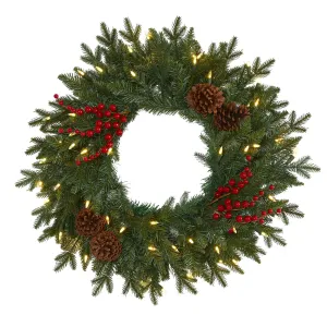 24” Green Pine Artificial Christmas Wreath with 50 Warm White LED Lights, Berries and Pine Cones