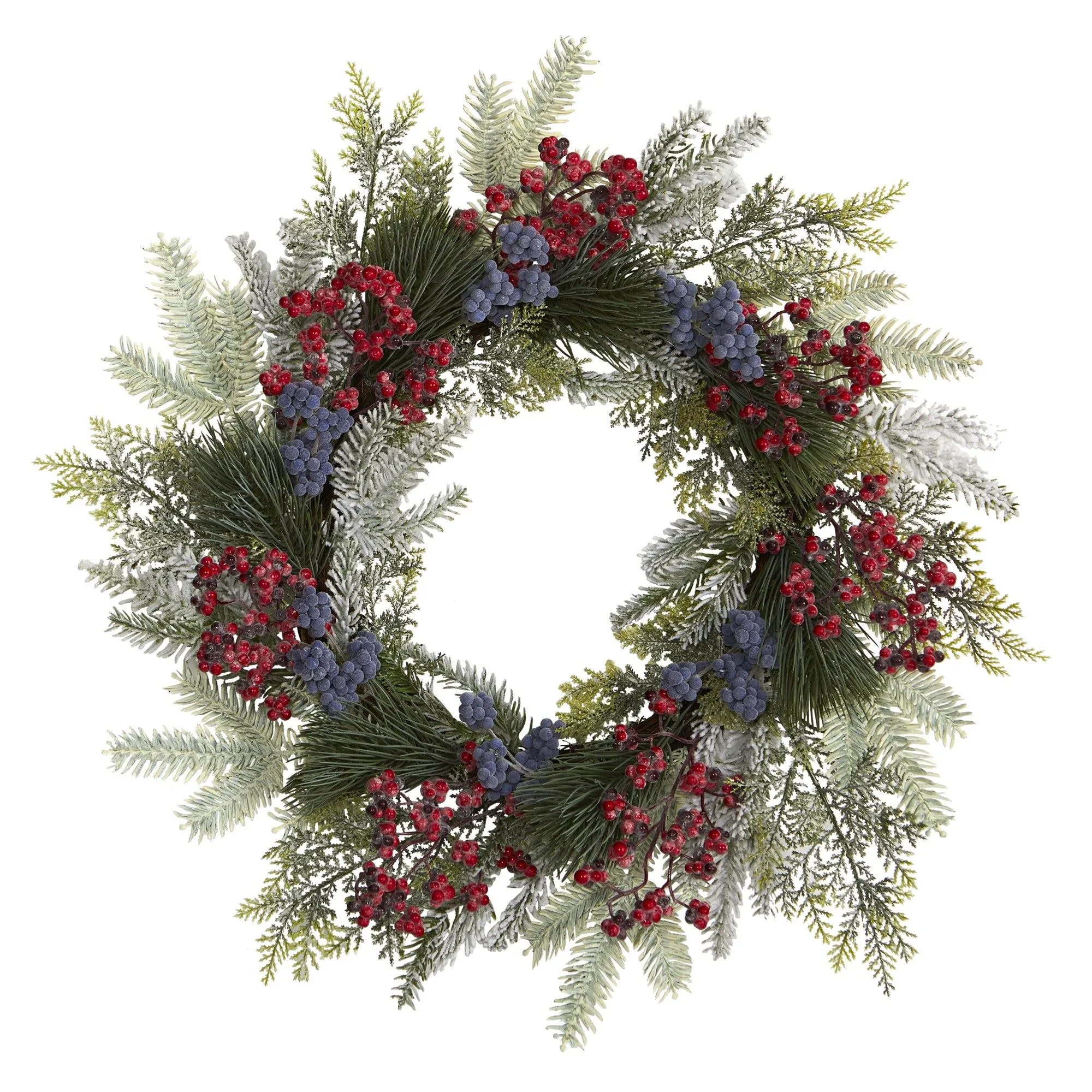 24” Pine and Cedar Artificial Wreath with Berries