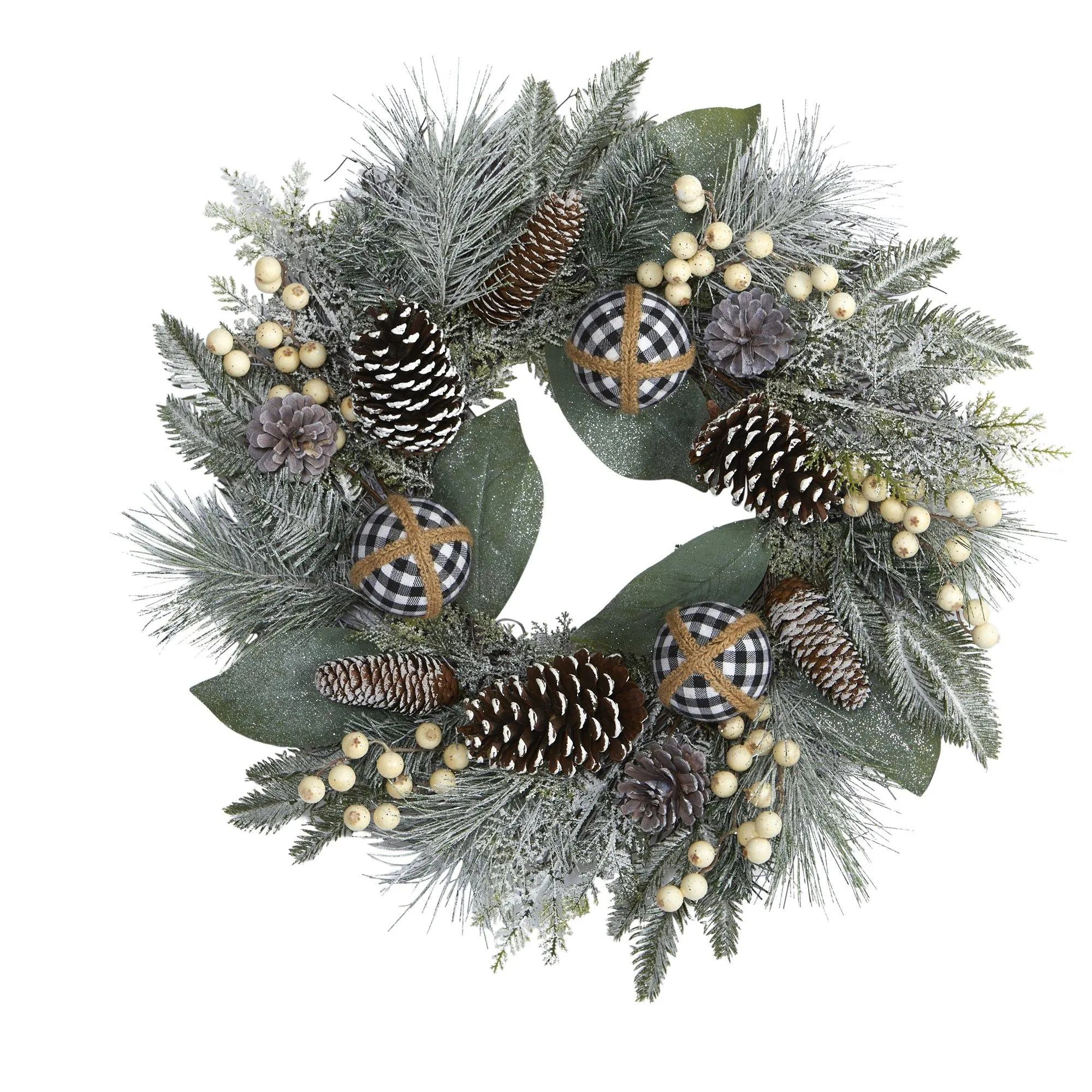 24” Snow Tipped Holiday Artificial Wreath with Berries, Pine Cones and Ornaments