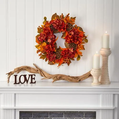 24" Fall Hydrangea, Lotus and Berries Artificial Wreath