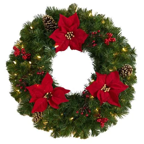 24" Poinsettia, Berry and Pinecone Artificial Wreath with 50 Warm White LED Lights