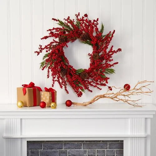 28" Cypress Artificial Wreath with Berries and Pine Cones