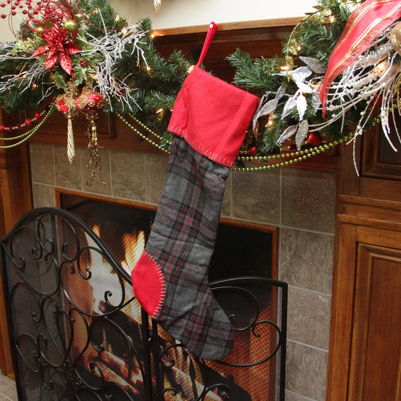 28" Gray and Red Rustic Chic Plaid Christmas Stocking