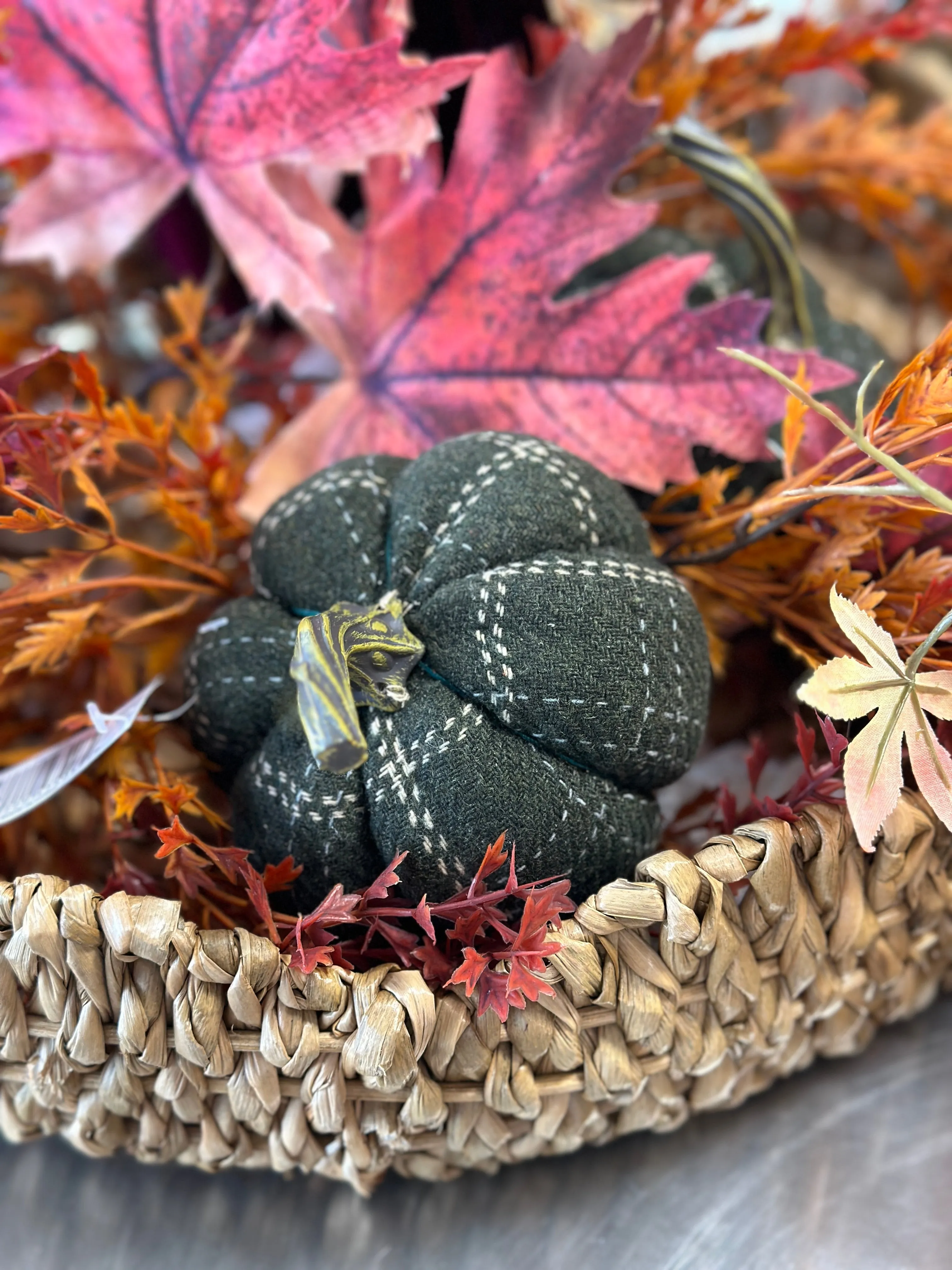 4.5" Green & Tan Plaid Fabric Pumpkin