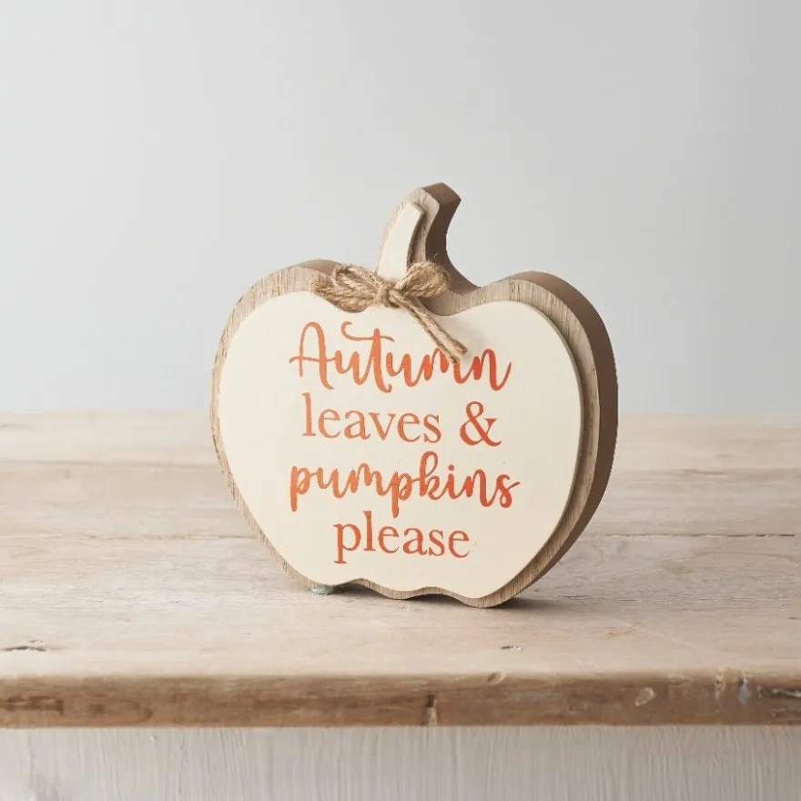 Autumn Leaves & Pumpkins Please Wooden Block - Cream