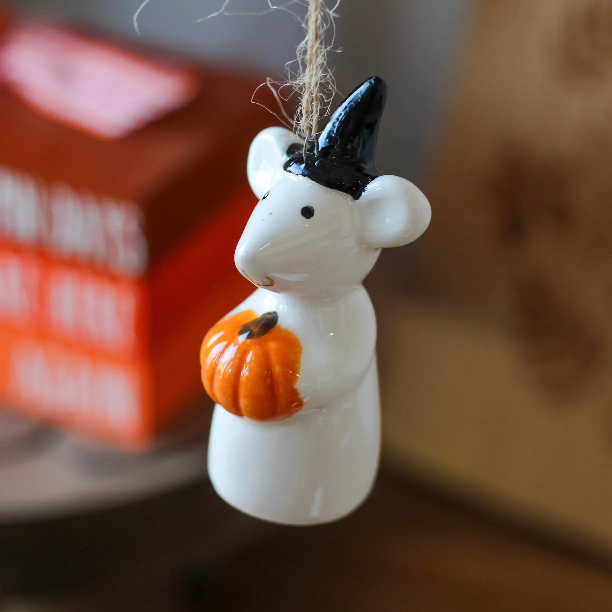 Ceramic Mouse With Pumpkin & Witch Hat Hanging Ornament