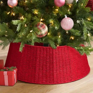 cozy 26 inch Christmas Tree Collar, Christmas Tree Skirt Cover for Christmas Tree Decorations | Rattan (Natural) C-Red