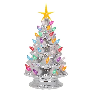 essential Pearl Olive Ceramic Christmas Tree - 15.5' Large, Multicolor Lights Silver M