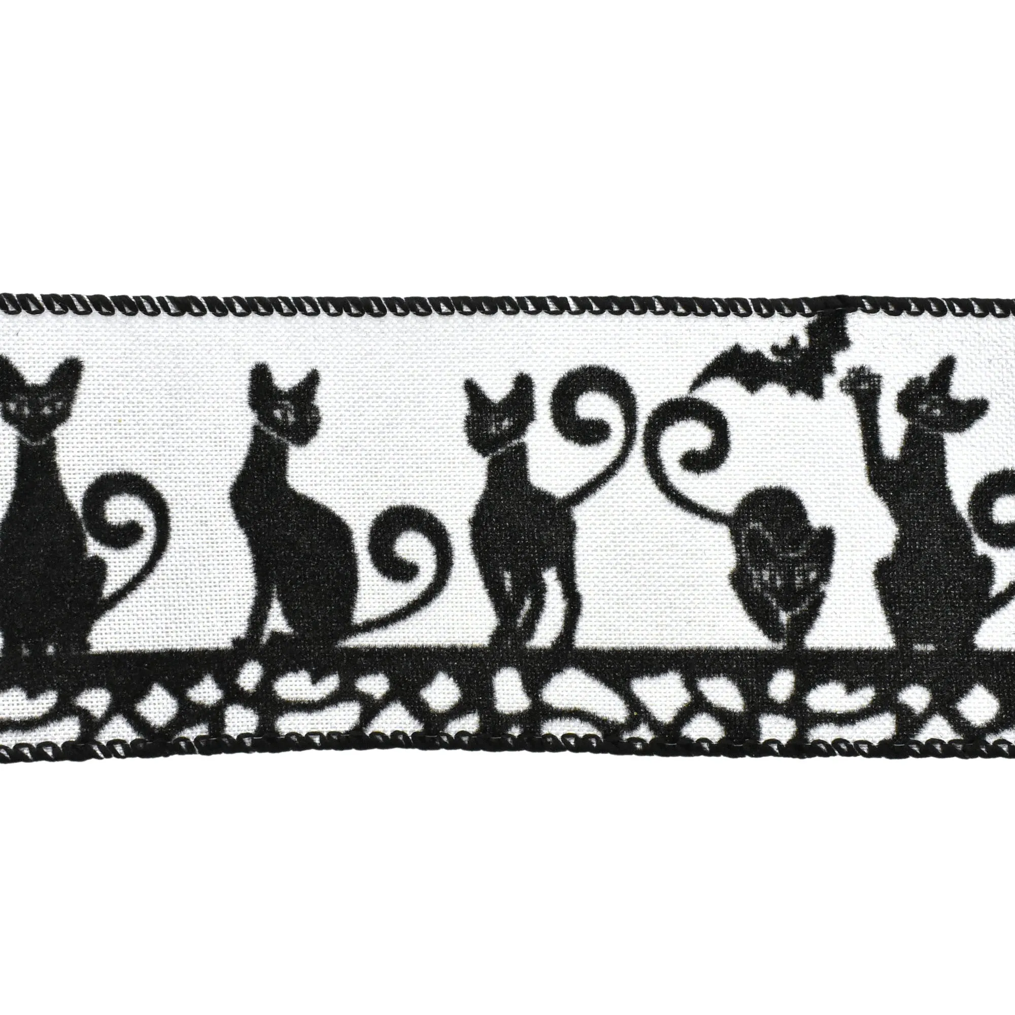 Flocked Halloween Cats Faux Linen Wired Ribbon, 2-1/2-Inch, 10-Yard