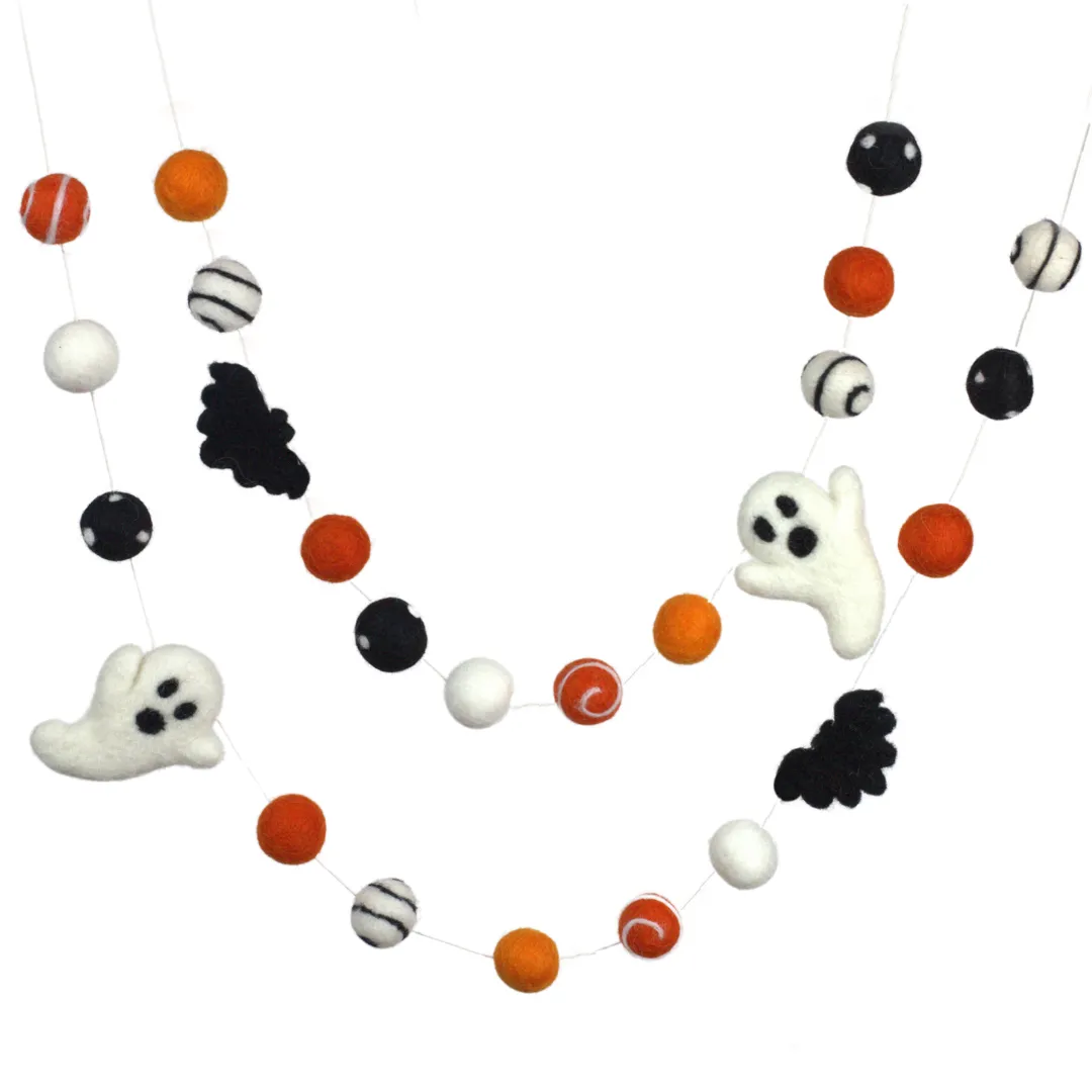 Ghost & Bat Halloween Felt Garland- Orange, Black- Dots & Swirls