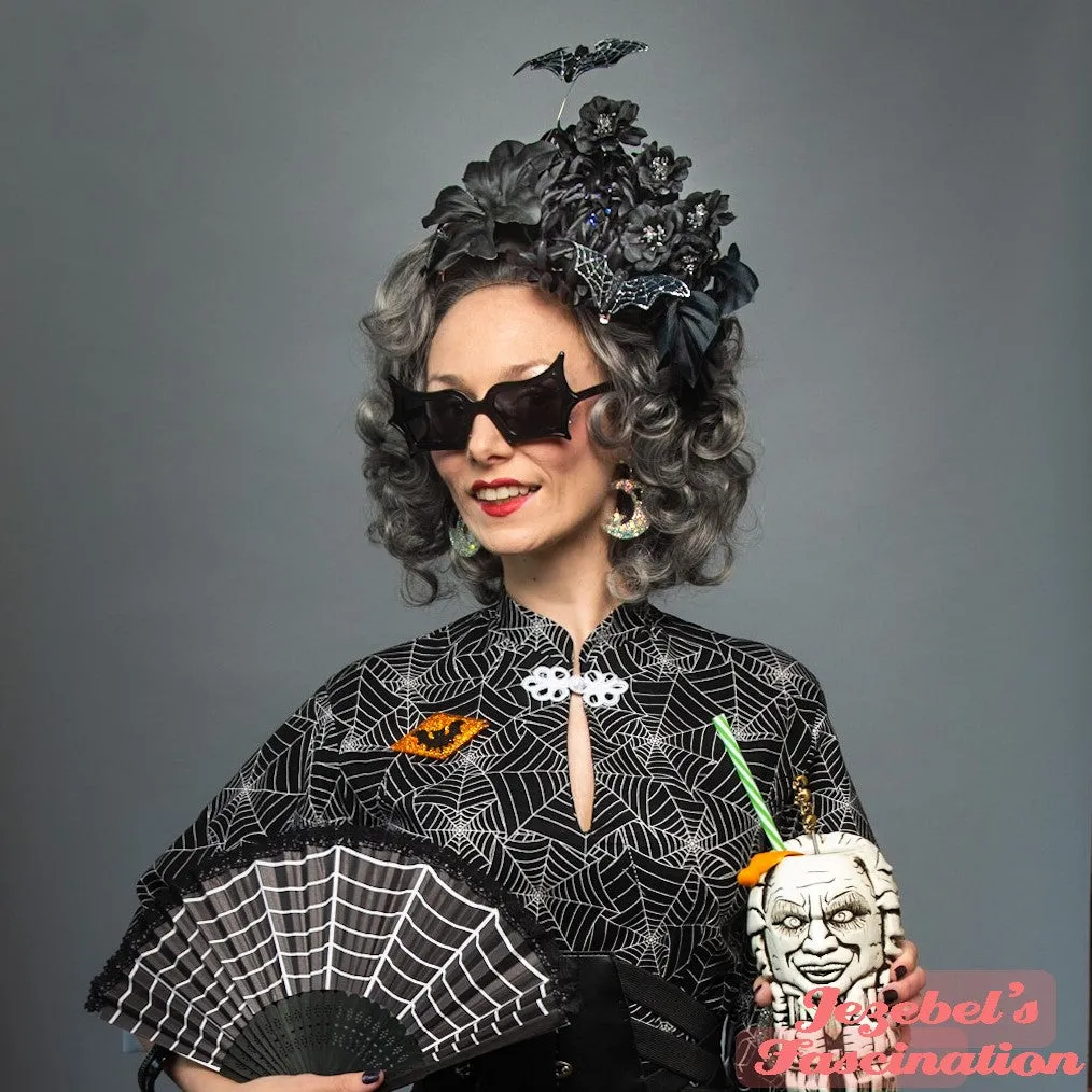 Gothic Tiki Pin Up Hair Flower Black Bat Webs Lily Hukilau Tropical Oasis Rockabilly Creepy Spiderwebs Polynesian Pop Lilies Mum Halloween Webs Cobwebs Gothical Tikibilly Pin Up Hulabilly