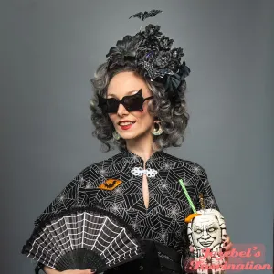 Gothic Tiki Pin Up Hair Flower Black Bat Webs Lily Hukilau Tropical Oasis Rockabilly Creepy Spiderwebs Polynesian Pop Lilies Mum Halloween Webs Cobwebs Gothical Tikibilly Pin Up Hulabilly