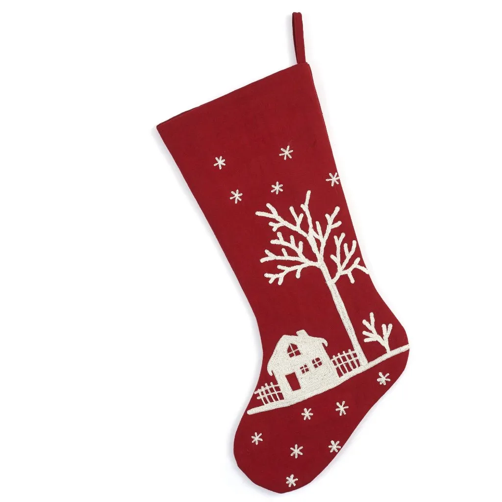 Handmade Christmas Stocking - Snowy Village Embroidered Scene on Red