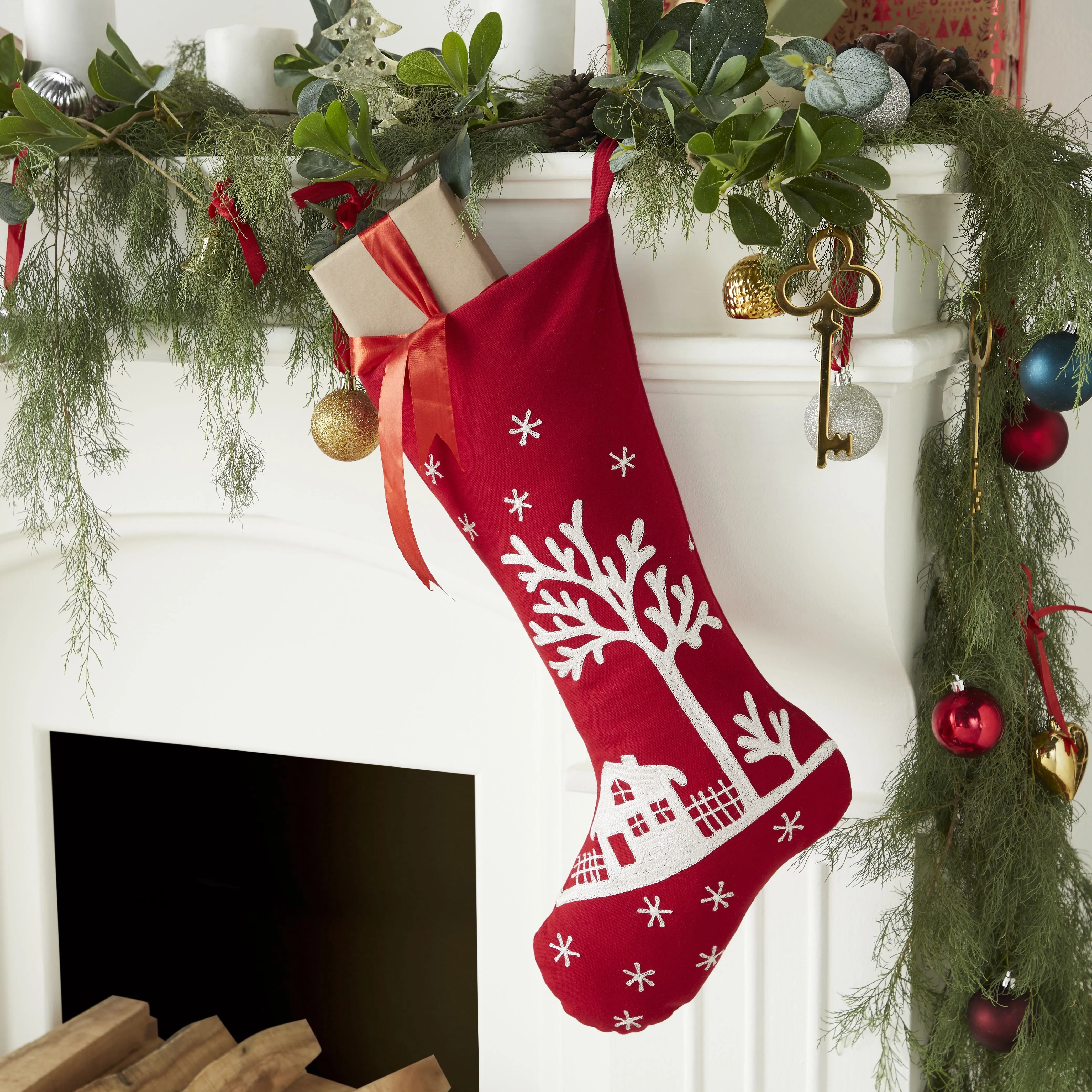 Handmade Christmas Stocking - Snowy Village Embroidered Scene on Red