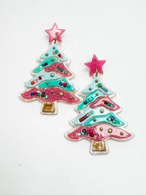 Happy Mint/Pink Christmas Tree Earrings