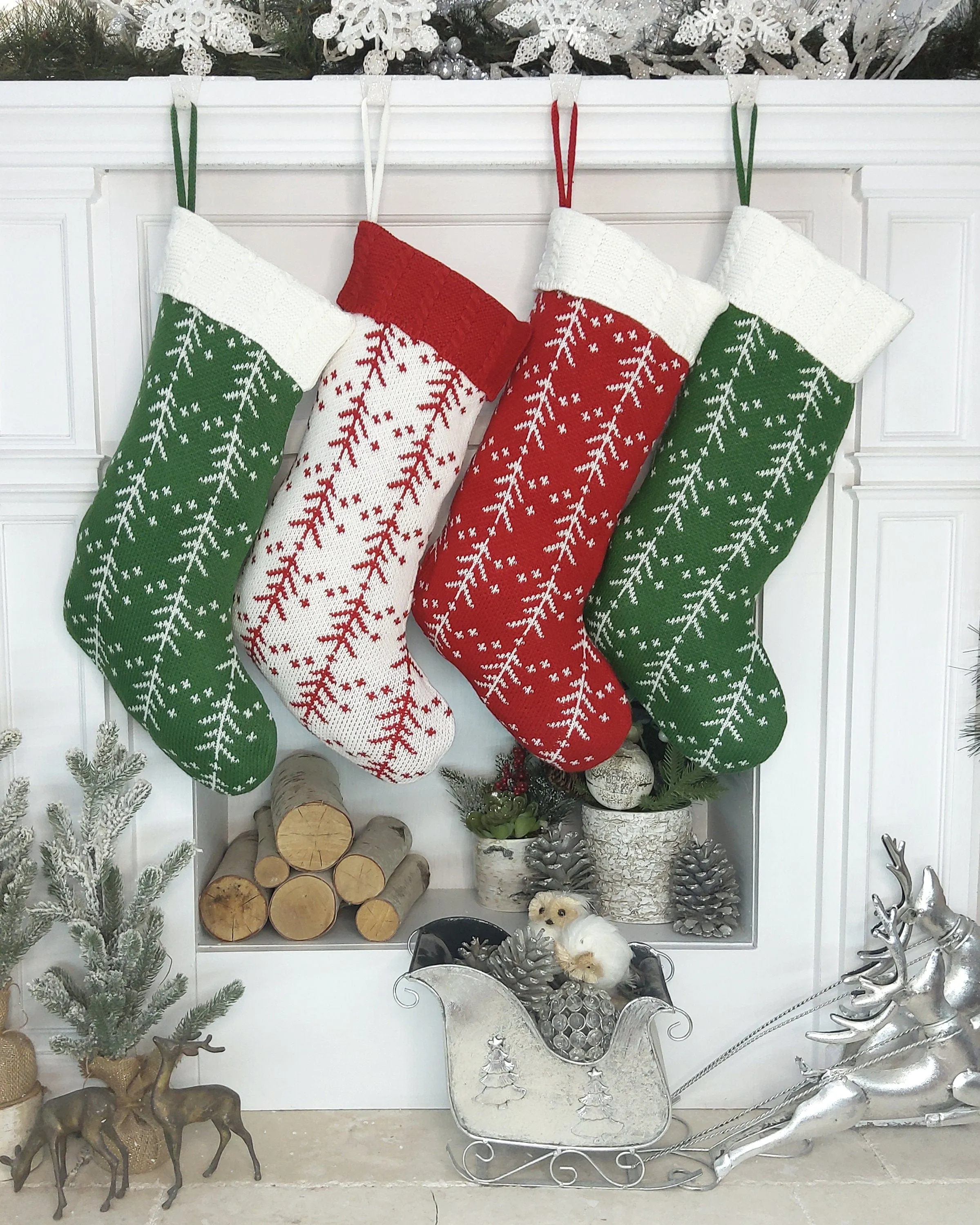 Knitted Personalized Christmas Stocking White Red Green Knit Tree with Embroidered Names Family Set