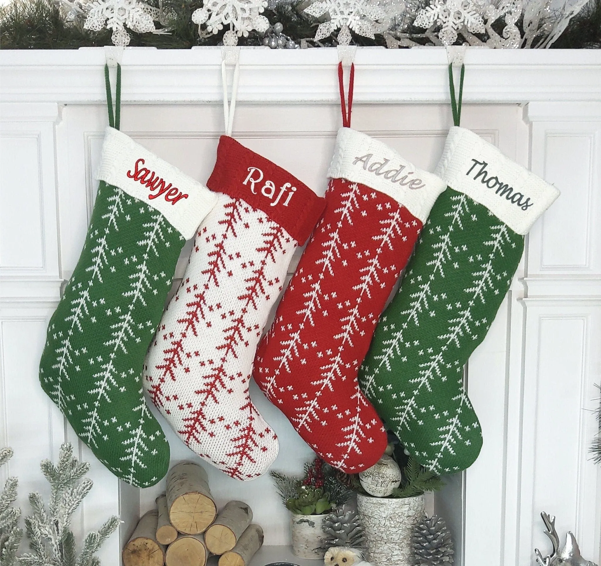 Knitted Personalized Christmas Stocking White Red Green Knit Tree with Embroidered Names Family Set