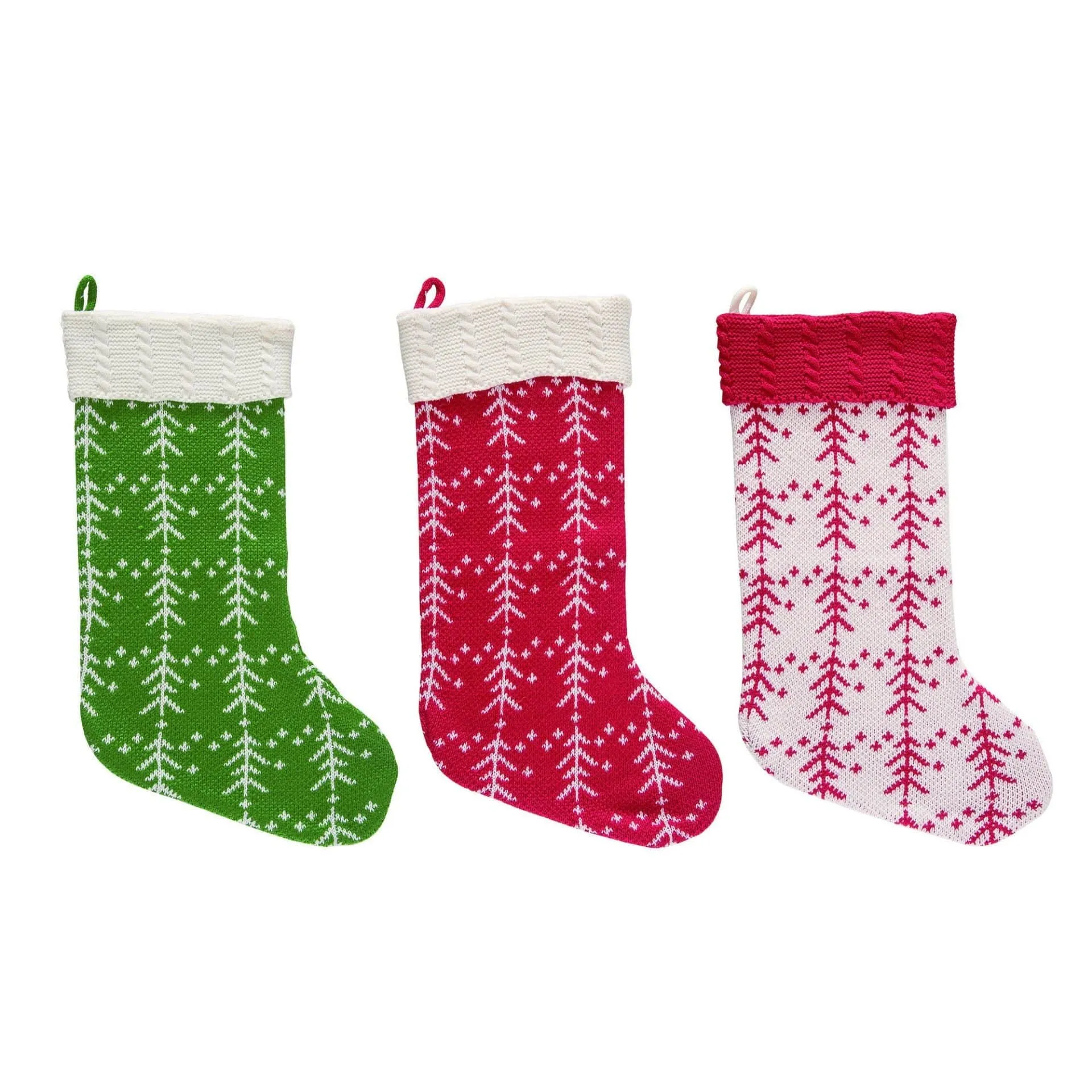 Knitted Personalized Christmas Stocking White Red Green Knit Tree with Embroidered Names Family Set