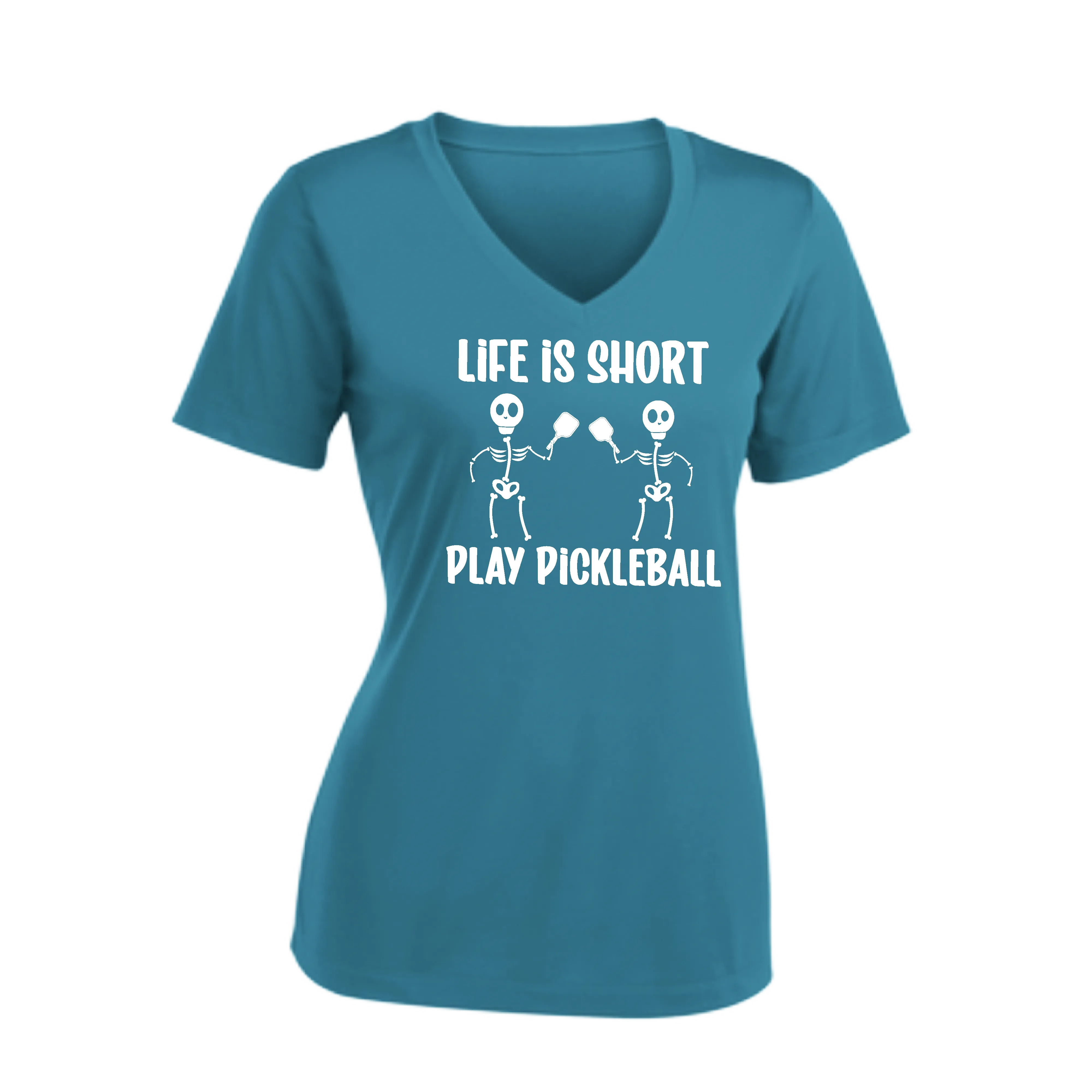 Life is Short Skeletons | Women's Short Sleeve V-Neck Pickleball Shirts | 100% Polyester