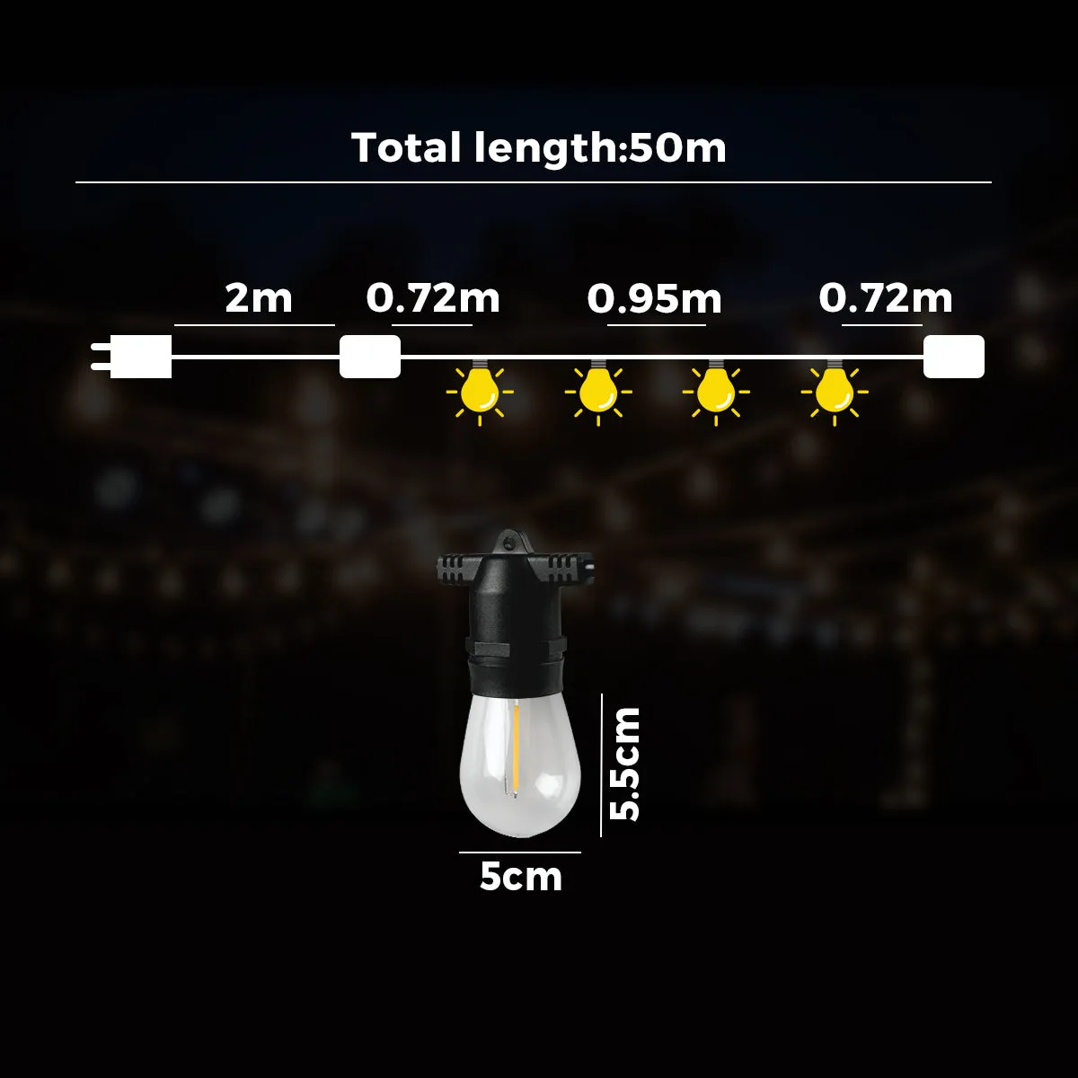 Mazam 50M LED Festoon String Lights Christmas Wedding Party Outdoor Waterproof