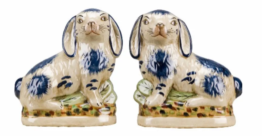 Pair Blue Staffordshire Rabbit Figurines  - English Country Decor