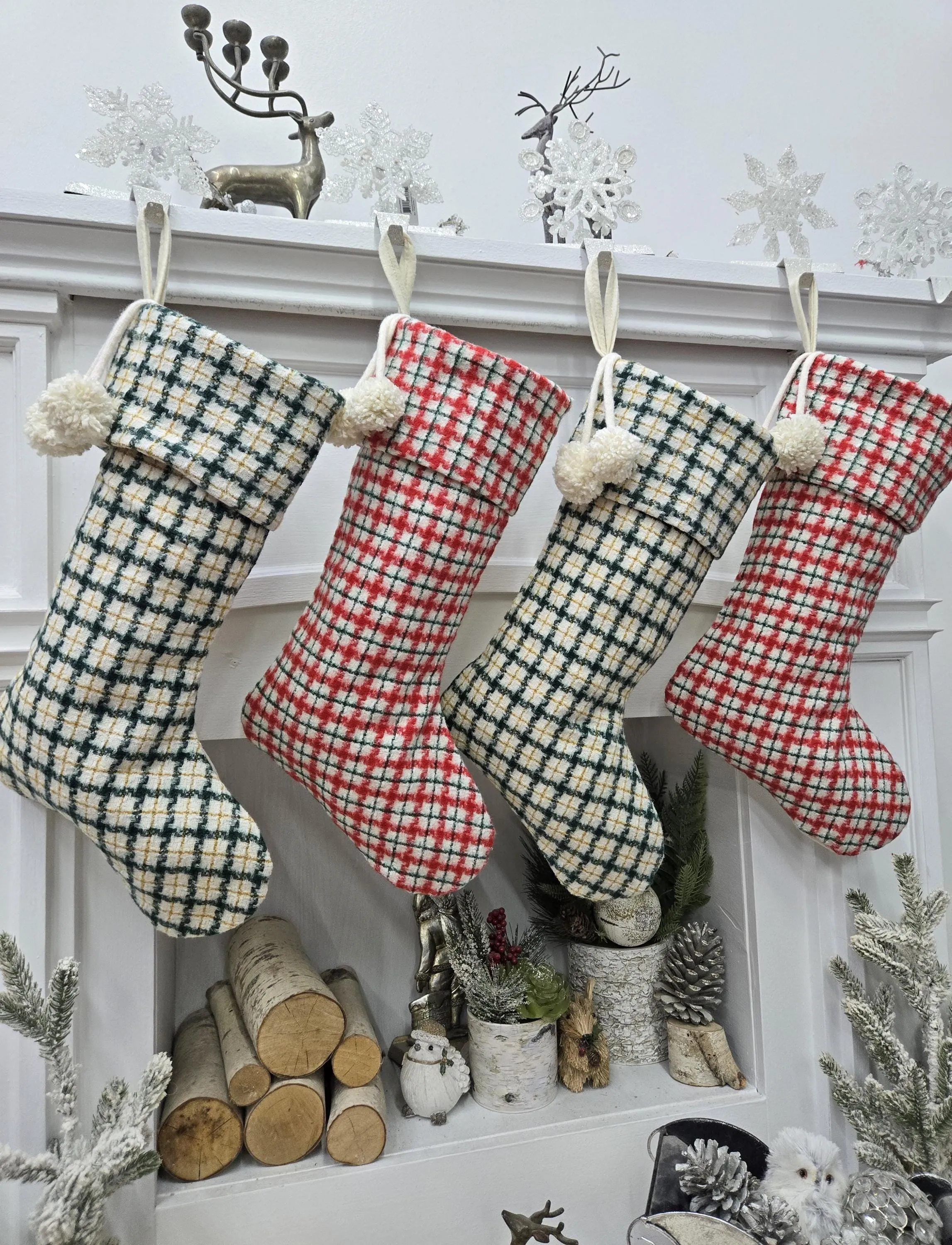 Plaid Flannel Christmas Stockings | Cream Red Green Gold Gingham Check with Pom Poms and Silver Accents Personalized Embroidered Name Tag