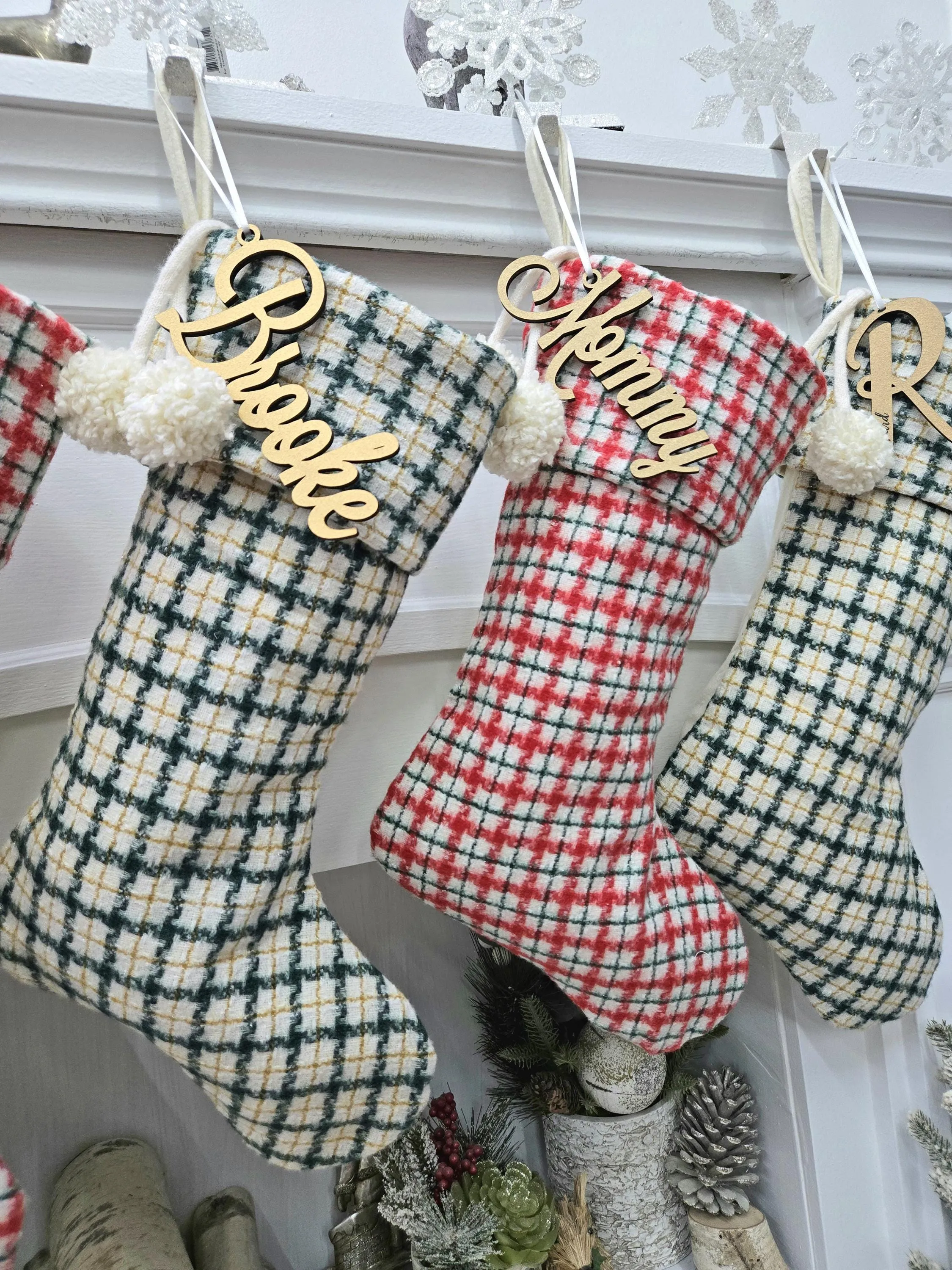 Plaid Flannel Christmas Stockings | Cream Red Green Gold Gingham Check with Pom Poms and Silver Accents Personalized Embroidered Name Tag