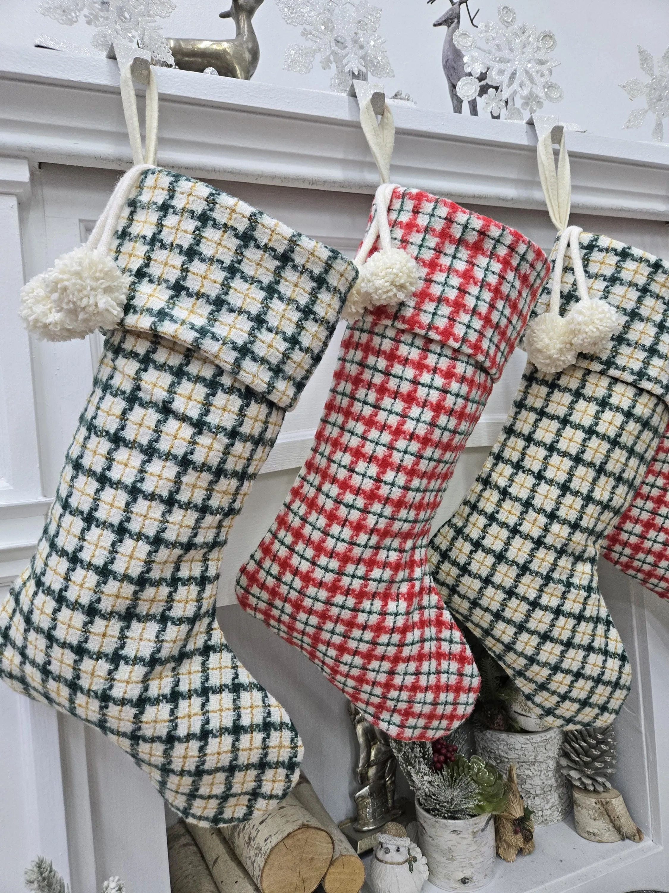 Plaid Flannel Christmas Stockings | Cream Red Green Gold Gingham Check with Pom Poms and Silver Accents Personalized Embroidered Name Tag