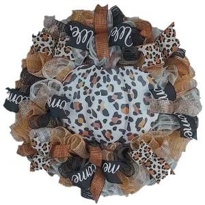 Pumpkin Door Wreaths - Animal Print Leopard Thanksgiving Fall Autumn Turquoise Mesh Front Door Decor - Halloween Blue Brown