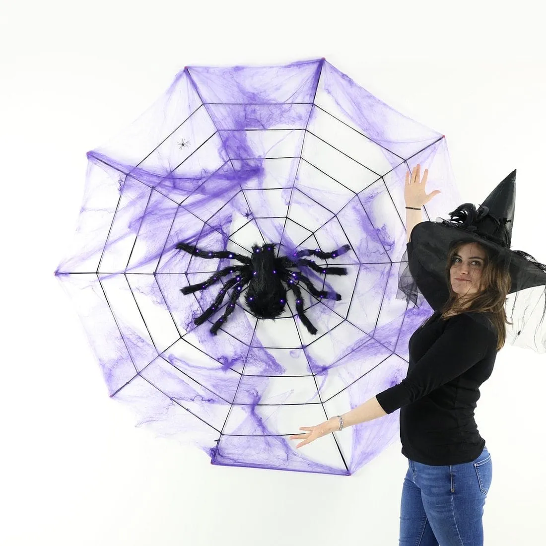 Purple LED Black Spider Halloween Decoration With Web