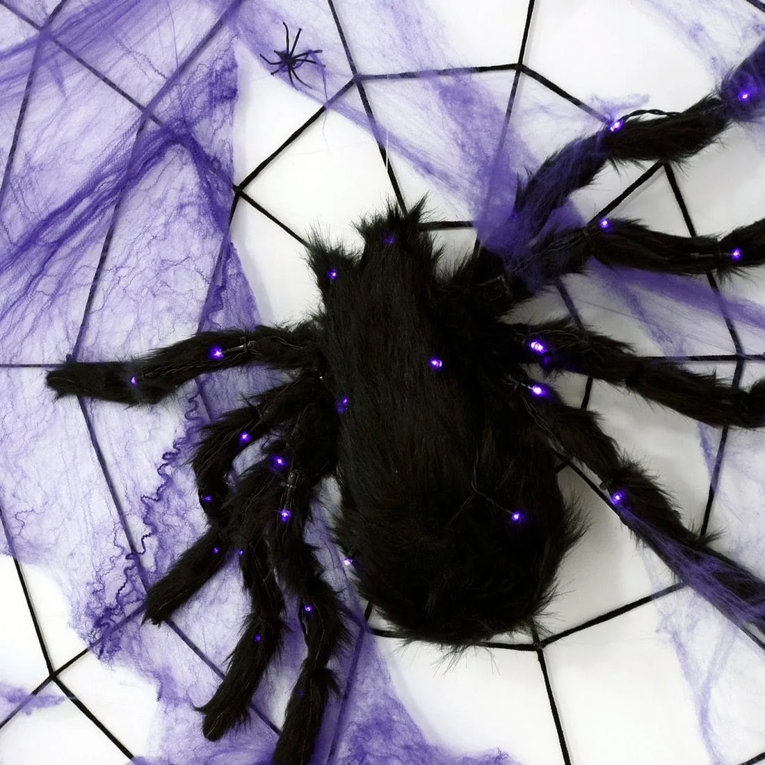 Purple LED Black Spider Halloween Decoration With Web