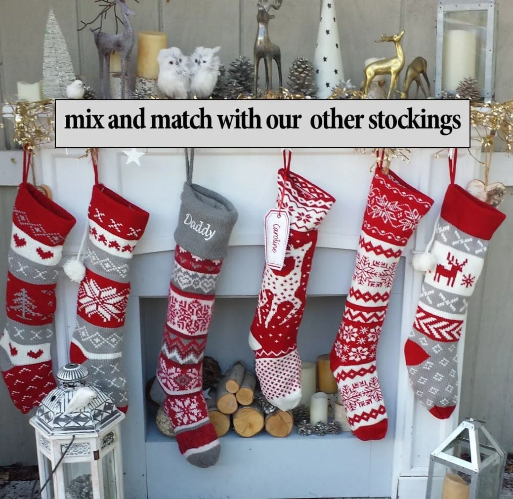 Red Grey White Fair Isle Personalized Large 22"  Knitted Christmas Stockings Intarsia Knit Modern Christmas Stockings for Holidays Monogram