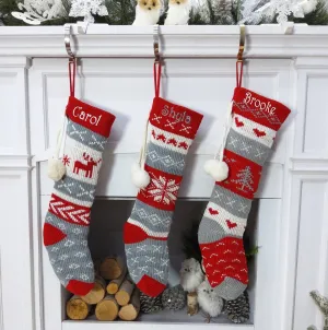 Red Grey White Fair Isle Personalized Large 22"  Knitted Christmas Stockings Intarsia Knit Modern Christmas Stockings for Holidays Monogram