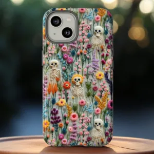 Spooks Come Out At Night Skeleton Phone Case, Embroidered Look Floral Charm Phone Cover, Gothic Cottagecore, iPhone Pixel Samsung S24 Plus