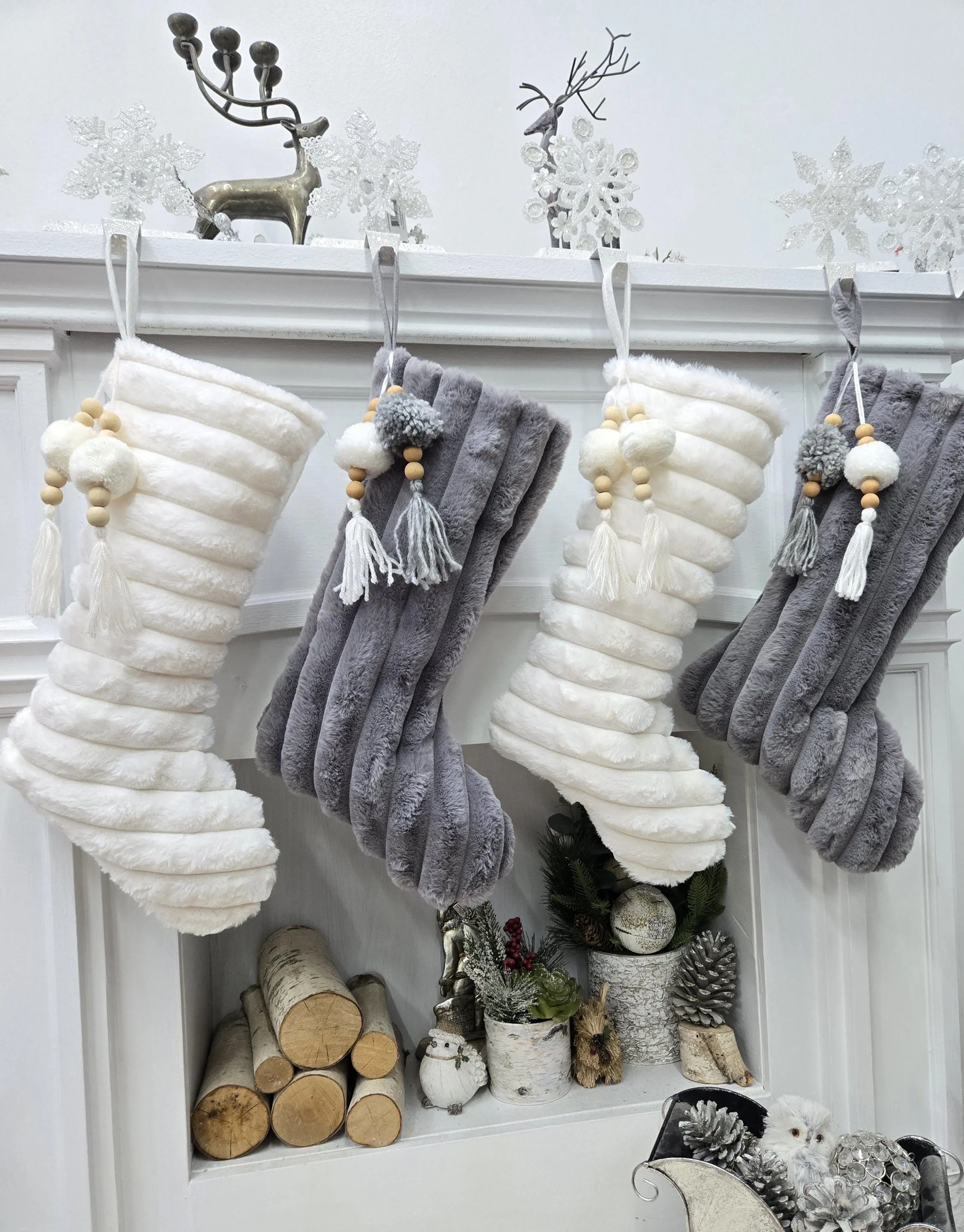 Tasseled Boho Christmas Stockings with Pom Poms and Wood Accents | White Grey Charcoal Chic Modern Textured Personalized Embroidered Name