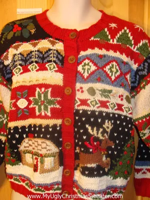 Ugly Christmas Sweater with Winter House and Leaping Reindeer