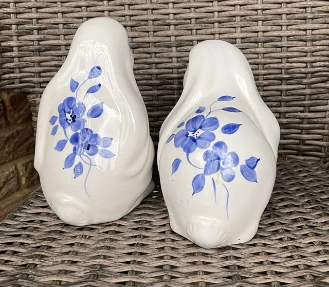 Vintage Pair of Blue & White Floral Hand Painted  Rabbit Figurines