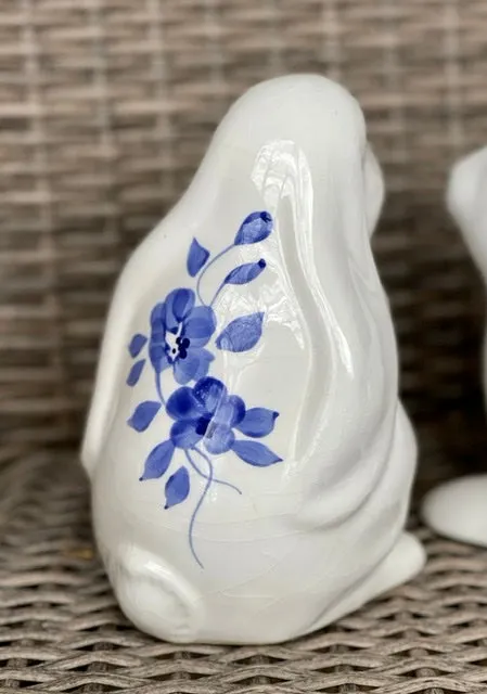 Vintage Pair of Blue & White Floral Hand Painted  Rabbit Figurines