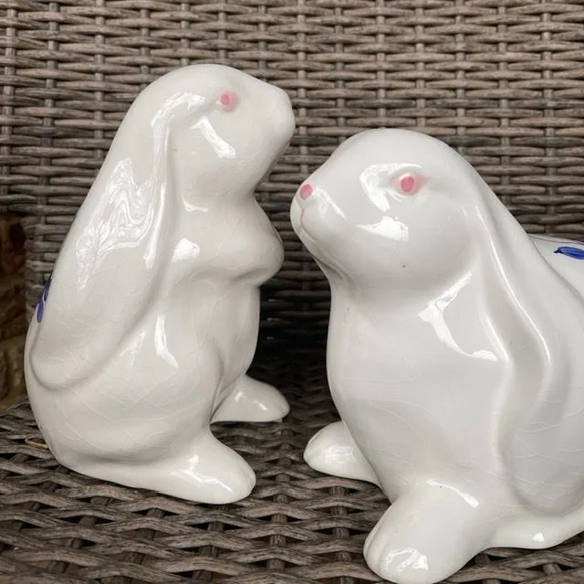 Vintage Pair of Blue & White Floral Hand Painted  Rabbit Figurines