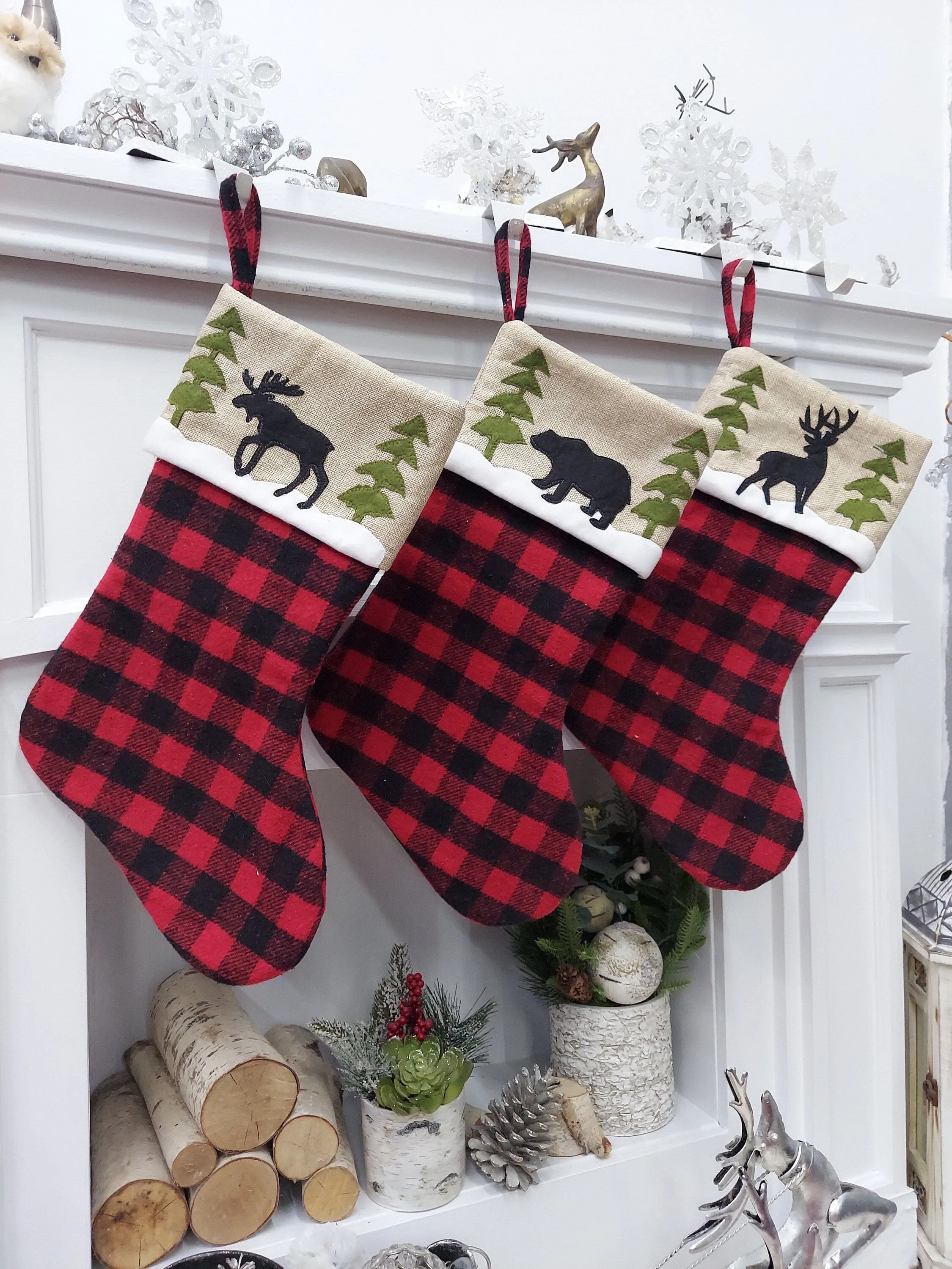 Winter Woodlands Buffalo Plaid Christmas Stocking | Faux Burlap Cuff Deer Bear Moose Great Outdoors Farmhouse Rustic Style Personalized Name